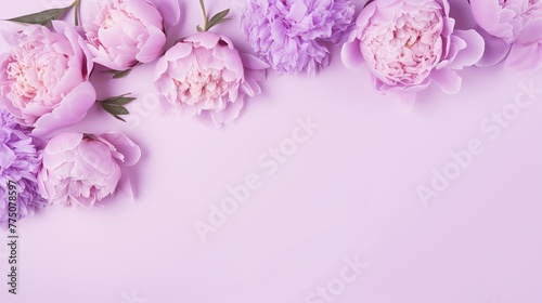 Festive bouquet of delicate peonies in pastel colors. Background for a holiday card or invitation. Blooming spring banner - lilac peonies, top view