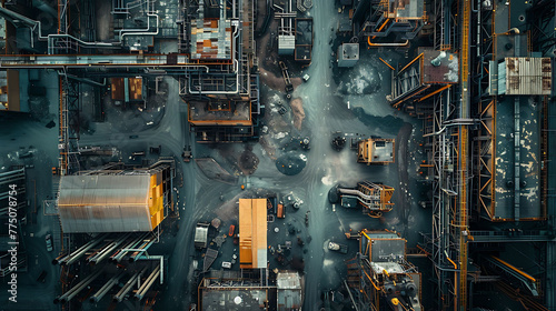 An aerial view of a sprawling industrial complex with factories and warehouses