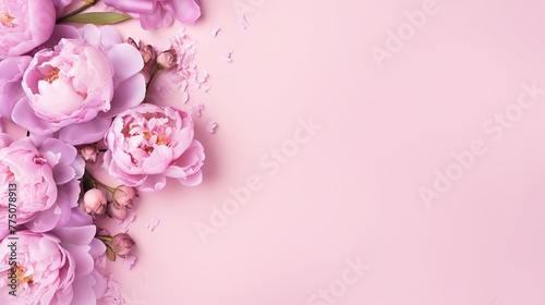 Festive bouquet of delicate peonies in pastel colors. Background for a holiday card or invitation. Blooming spring banner - lilac peonies, top view © May