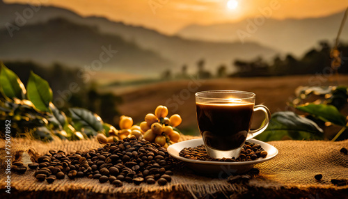 coffee ads with cup of drink and beans