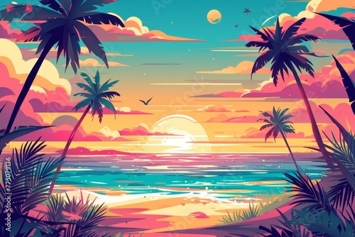 Illustration of a sunset on the beach with palm trees