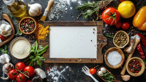 A blank mockup poised to showcase culinary artistry, framed by swirling oil paints. photo