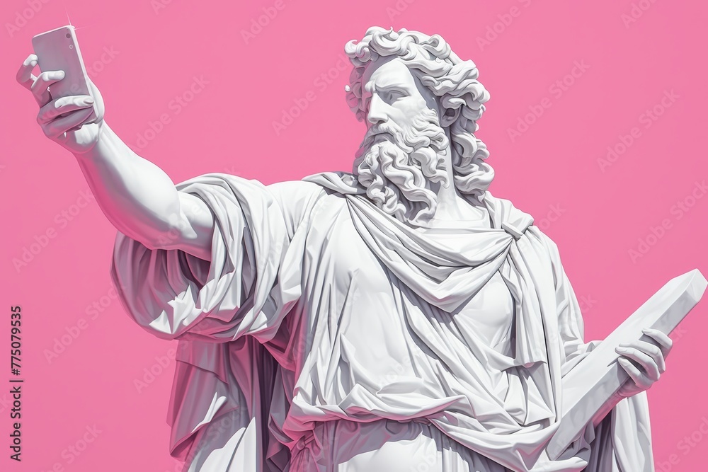 A Greek marble statue taking a selfie against a pink background 