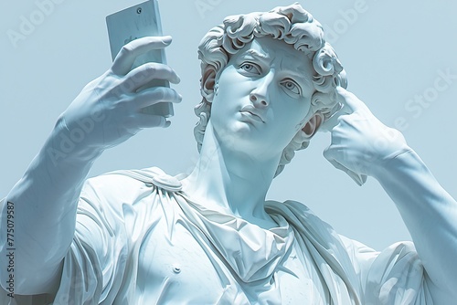 A Greek marble statue taking a selfie in pastel colors 