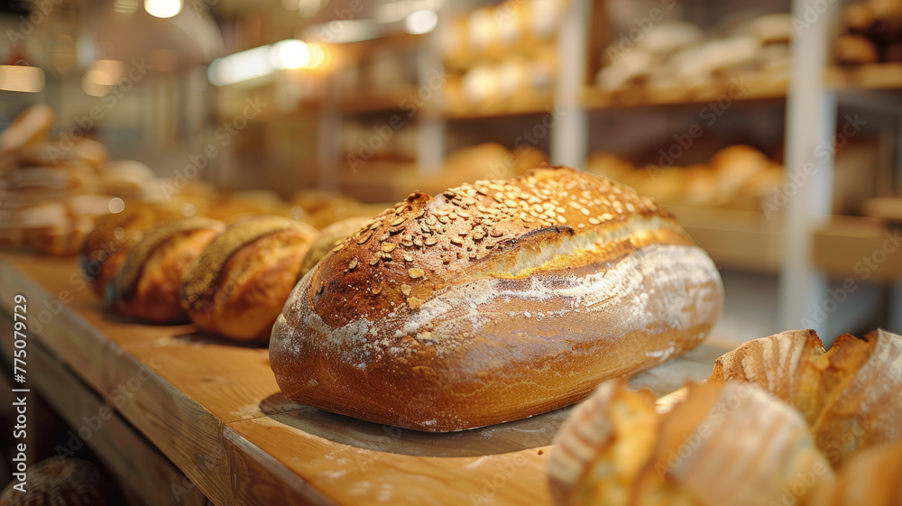 Photo of various breads in a bakery