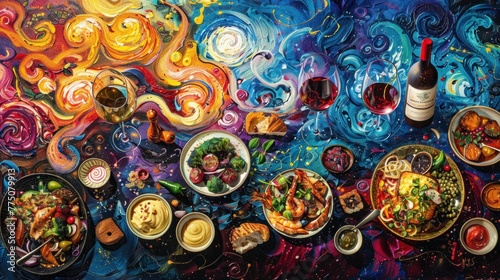 A vibrant advertisement for gourmet cuisine, brought to life with bold oil paints.