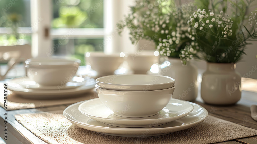 White dishes on a dining table with gypsophila flowers.