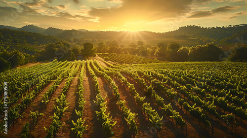 An aerial view of a sprawling vineyard bathed in golden sunlight