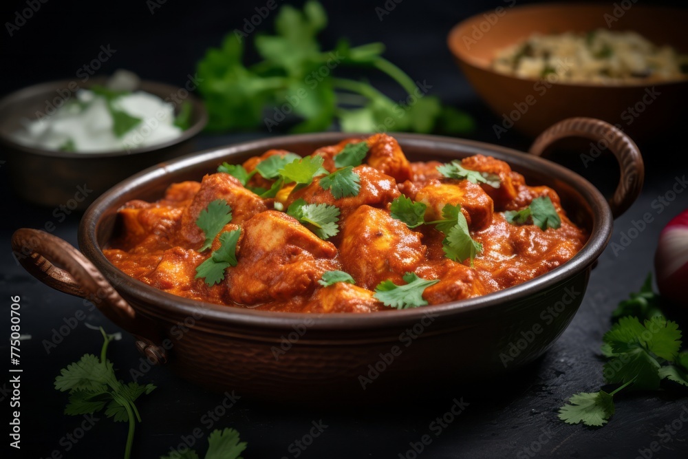 Juicy chicken tikka masala in a clay dish against an aluminum foil background