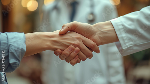 A close up of female doctor and her female patient shaking hands