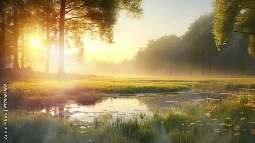 sun shines through the tree, summer meadow with forest in background sun shines through the tree, summer meadow with forest in background
