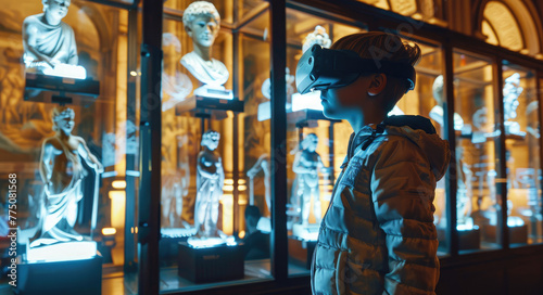 A child in the museum wearing VR glasses is interacting with holographic figures of ancient people through virtual reality technology