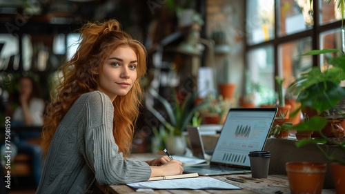 Portrait of a smiling young woman working on laptop while sitting in a cafe