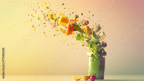 a twister of different nutrients, vitamins and greens coming out of a small shaker, concept of healthy nutrition, lifestyle, light colours, yellow spectrum