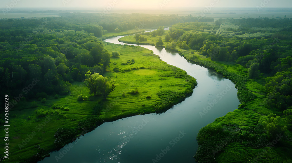 An aerial view of a tranquil river winding through lush green countryside
