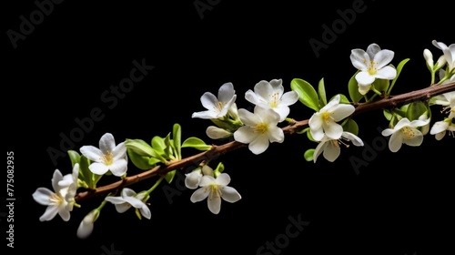 Jasmine branch with blooming white flowers isolated on a black background. AI generated
