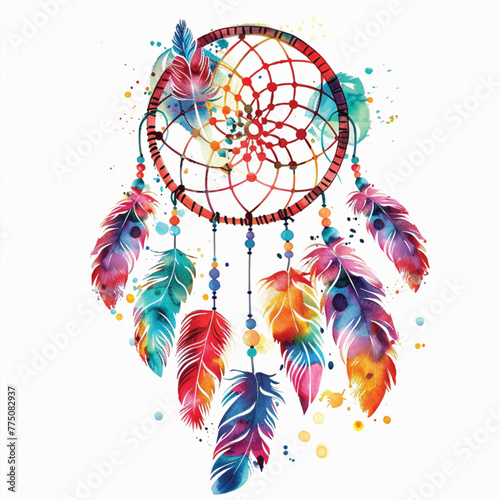 Watercolor painting of a dreamcatcher surrounded by colorful flowers.