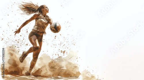 Brown watercolor painting of Volleyball player in action photo
