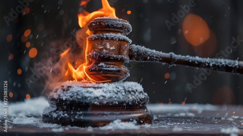 Icy gavel ablaze on a snow-flecked wooden surface - A wooden gavel simultaneously frozen and on fire, set against a snowy surface, portraying legal extremities