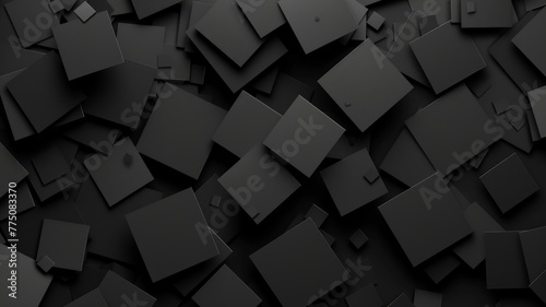 Black geometric shapes on a dark background - An abstract array of various sized 3D black geometric shapes creating a modern, dynamic pattern on a dark backdrop