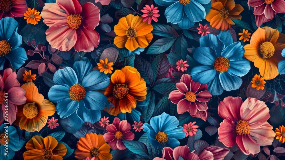 Vibrant floral pattern with diverse colorful flowers - An exquisite close-up image of a dense floral pattern with a variety of brightly colored flowers