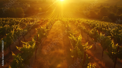 An aerial view of a tranquil vineyard at sunset, with rows of grapevines bathed in golden light
