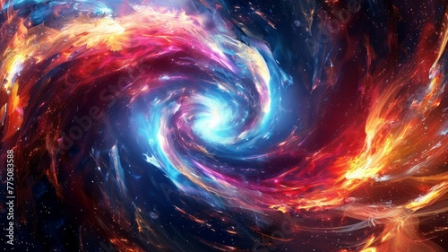 Vibrant cosmic swirl around a bright galactic core - An incredible and vibrant swirl of cosmos colors encircles a bright galactic core, symbolizing the powerful forces of creation and time