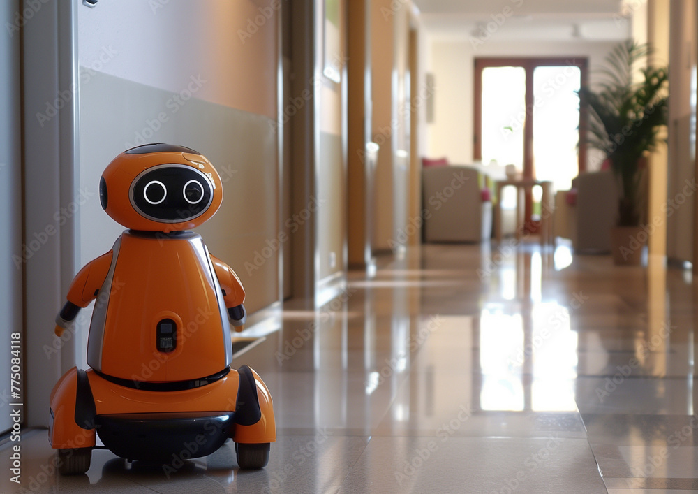Cute robot on wheels in a public space. Robot Assistant in Hospital Cute robot on wheels in a public space. Robot Assistant in Hospital