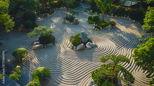 An aerial view of a tranquil zen garden with meticulously raked sand