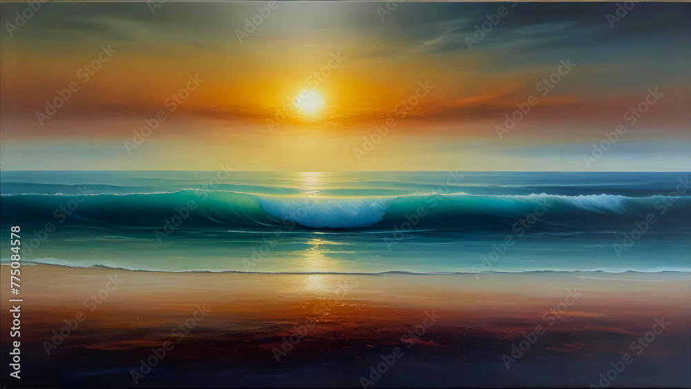 wave in the beach with sunset, abstract digital painting