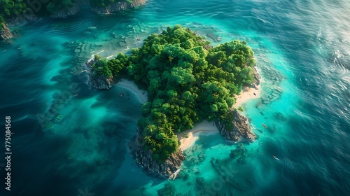 An aerial view of a tropical island surrounded by turquoise waters