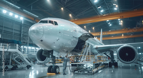 A commercial airplane being worked on in an aircraft repair hangar, with engineers and crew working on the structure of its engine and wings