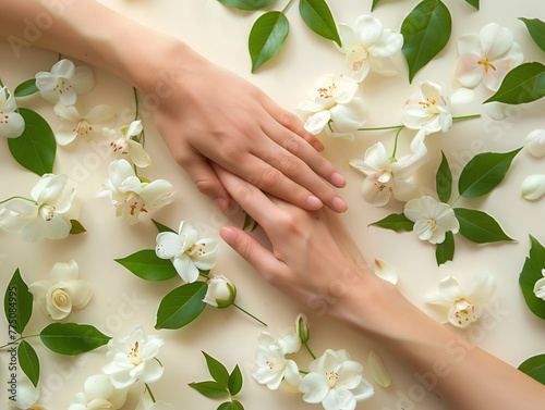 Beautiful hands amidst White Blossoms. Natural cosmetics hand skin care. 