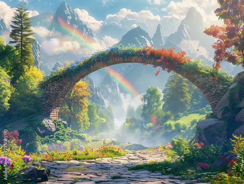 Rainbow bridge in a fantasy landscape  photorealistic  vibrant under sun rays   3DCG high resulution clean sharp focus