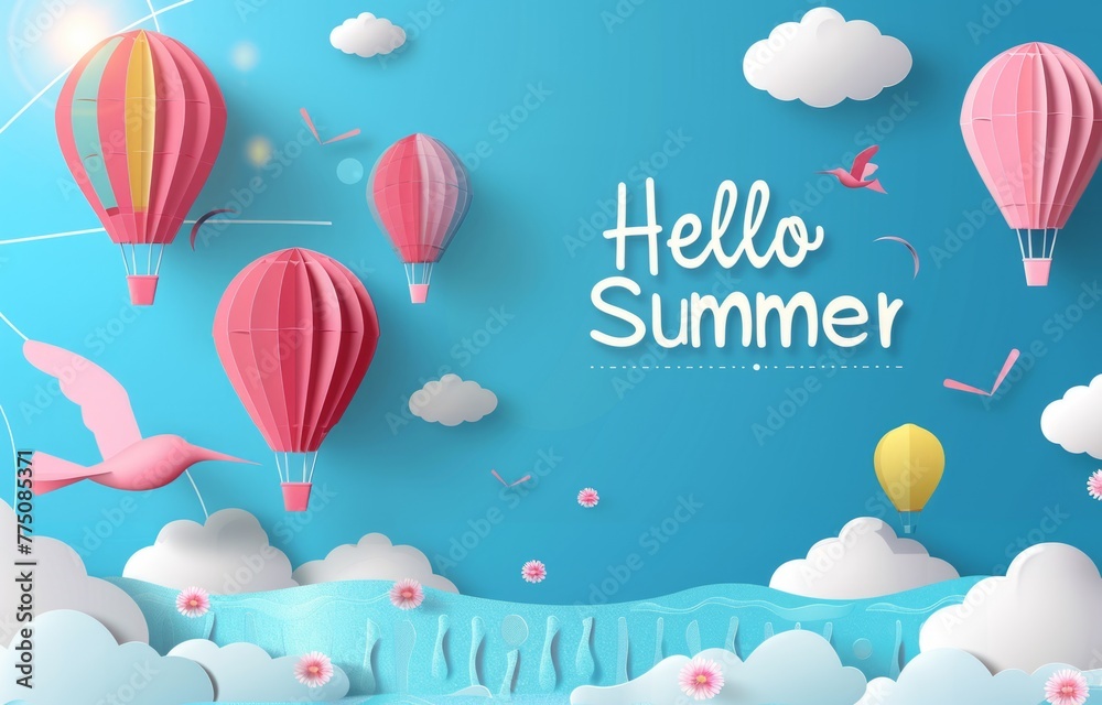 Fototapeta premium New summer season banner with clouds and hot air balloons in the style of paper cut background for travel vacation holiday party concept 