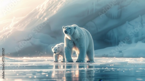 Arctic polar bear mother with cubs in icy tundra under soft light, detailed fur, wide angle view