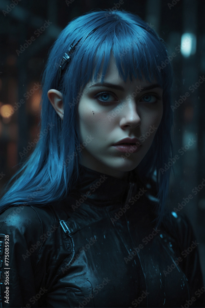 Portrait of a Woman with Blue Hair in Gothic Style Jacket