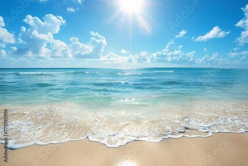 A beautiful sunny beach scene with crystal clear water and soft waves  captured in the style of high resolution photography The sun shines brightly above the horizon against a blue sky filled