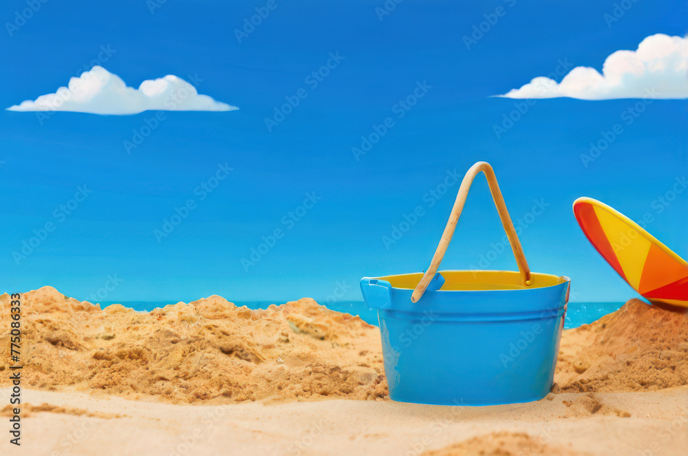 Beach summer background with baby bucket Beach summer background with baby bucket