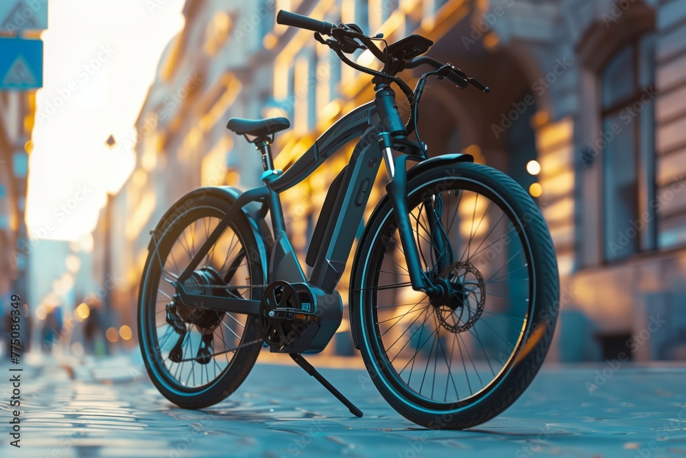 E-bike parked on urban street at sunset - obrazy, fototapety, plakaty 