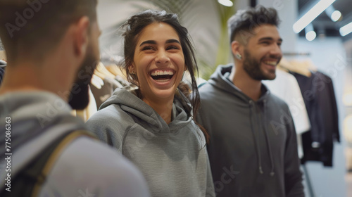 smiling men and women engage in discussions about hiking and sports technicalities at indoor brand's booth, showcasing their enthusiasm and knowledge for activities. photo