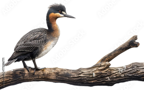 Avian Perch: Grebe Resting on Wooden Branch isolated on transparent Background
