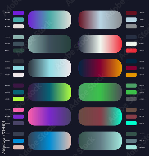 Gradients Hex Color Template, vibrant spectrum, rainbow shades, digital art, web design, color picker. Color palette, gradients palette, color catalog, trendy set of gradients, trendy color palette