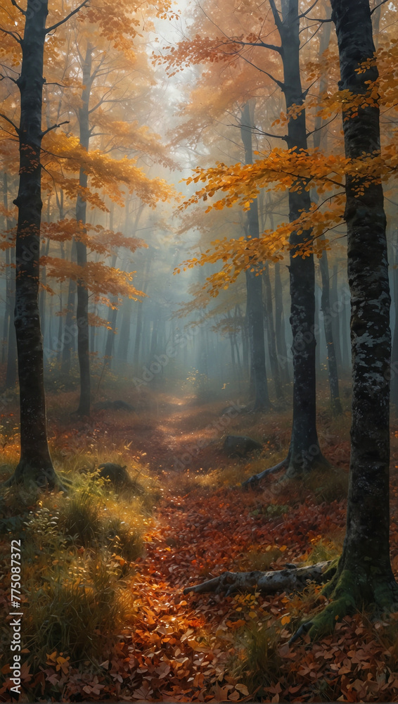 Captivating Landscape Artistry Depicting Vibrant Scenes of Nature's Transition in Foggy Valleys and Forests