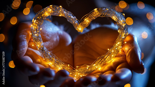Golden heart light strands against black background.