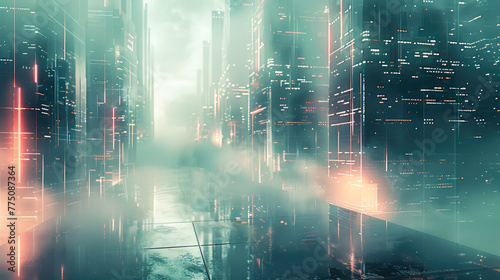 Atmospheric, electronic, cyber city, minimal color, abstract. Generative AI.