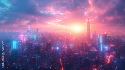 Sci-fi City Skyline with Blue and Pink Neon lights. Night scene with Visionary Skyscrapers.