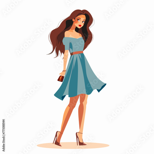 Beautiful girl in a blue dress and sunglasses. Vector illustration.