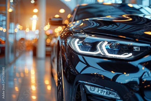 A brand-new sleek black vehicle on display at a high-end showroom. The dealership showcases the latest models for sale or rental services, with a focus on automobile leasing and insurance offerings. © tonstock