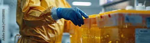 A detailed image showcasing the careful handling of a hazardous substance within a laboratory setting, following strict safety measures to prevent any potential risks
